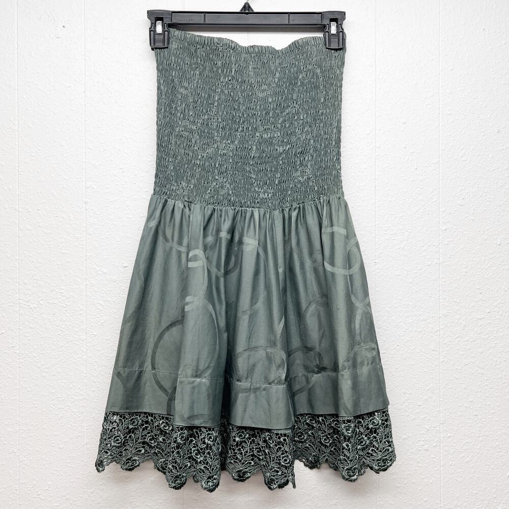 Rachel Vintage Smocked Longline Strapless Top XS/S Dark Forest Fairy Boho Y2K